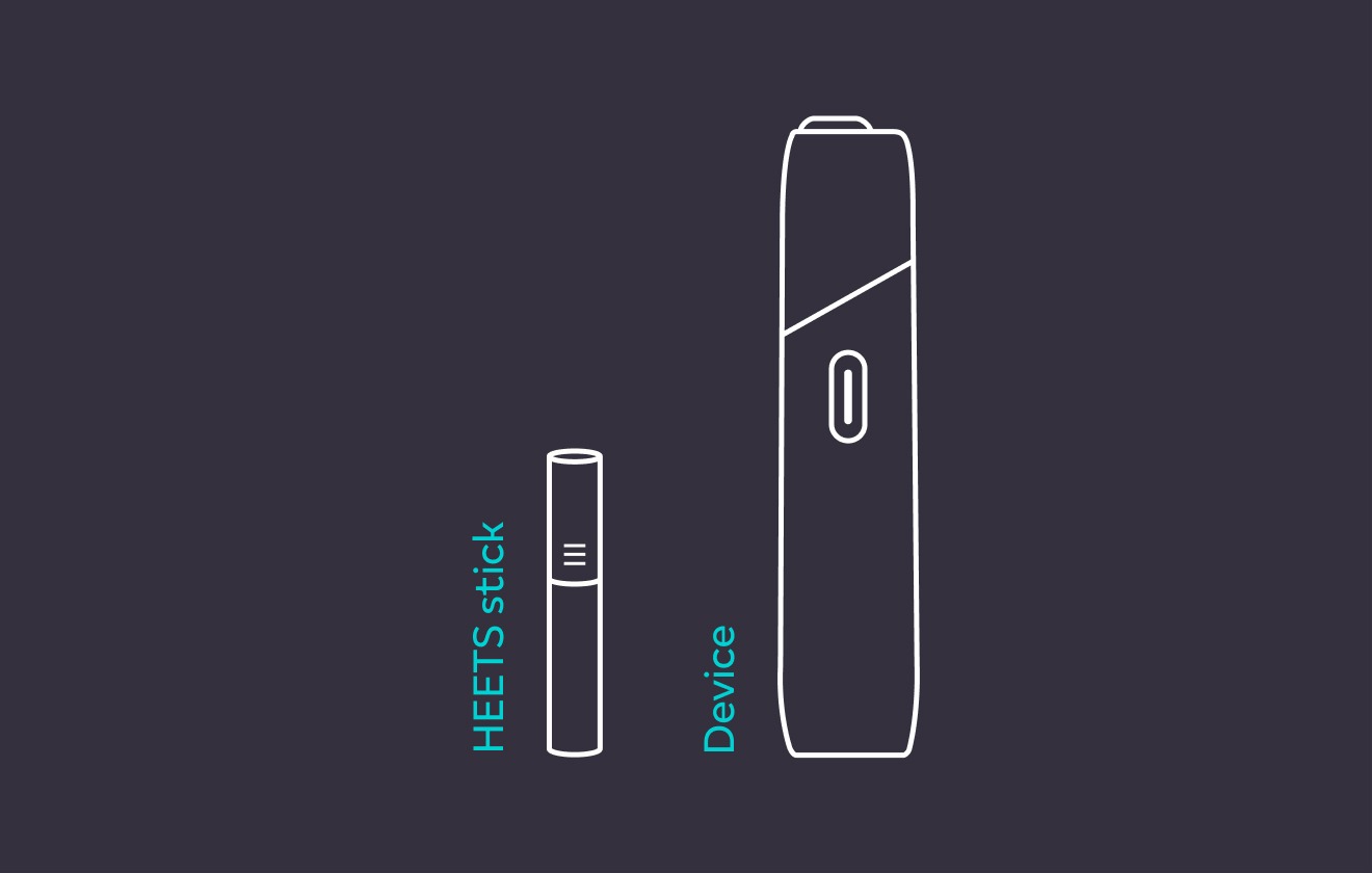 Stylized IQOS Originals ONE heated tobacco device and heet stick.